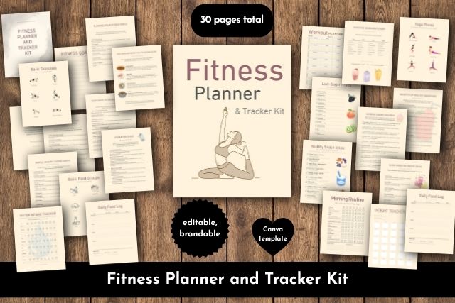 NEW Brandable Fitness Planner and Tracker Kit – Complete Content Package in Canva